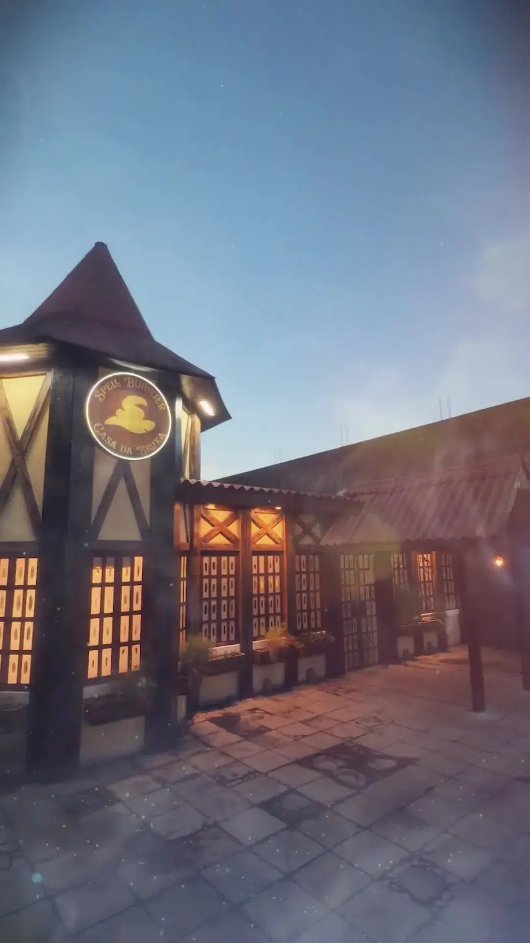Fachada real da Taverna Spell ao anoitecer