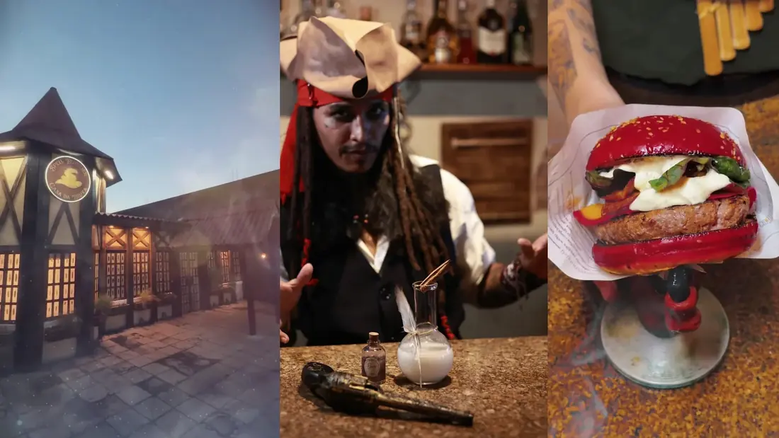 Fachada, personagem e gastronomia reais da Taverna Spell